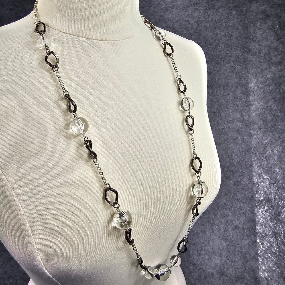 Opera Length Statement Necklace Clear Bead Gunmetal Silver Tone Chain 36" Long